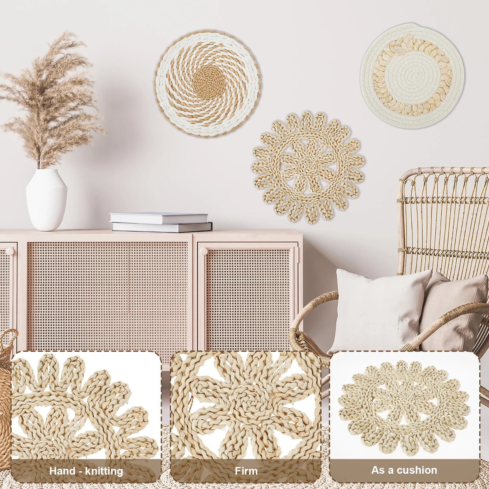 Woven wall basket decor set featuring various circular designs for stylish home embellishment