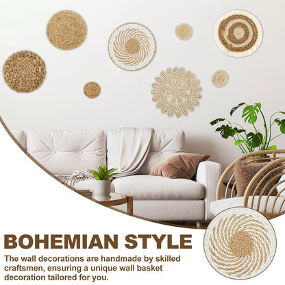 Woven wall basket decor set in various shapes, perfect for bohemian-style home decoration