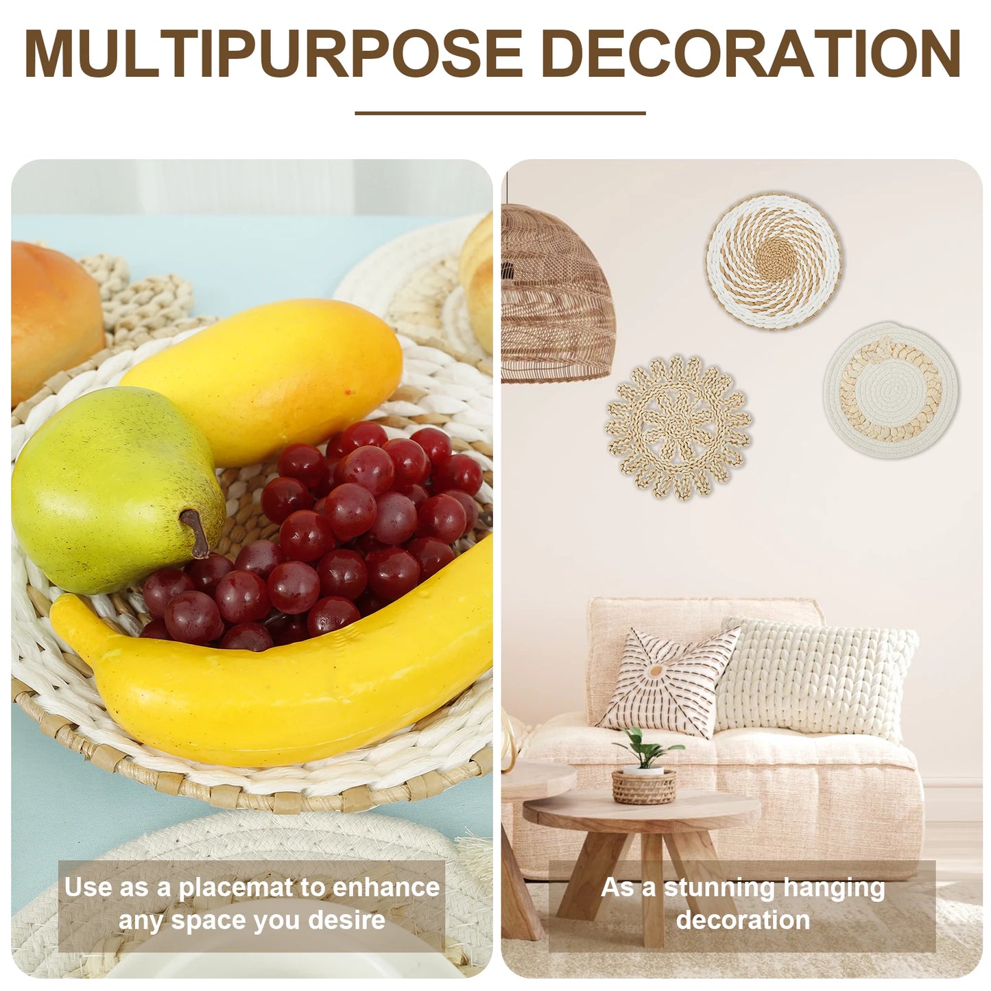 Woven wall basket decor set displayed as a centerpiece and wall decoration for versatile home styling