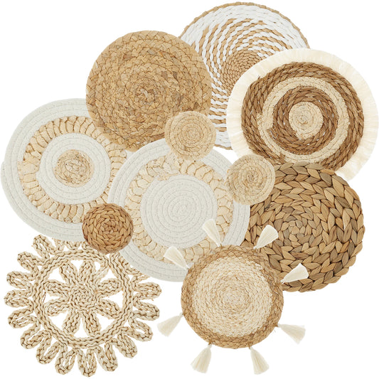 Nutshell woven wall basket decor set featuring assorted round designs in natural tones