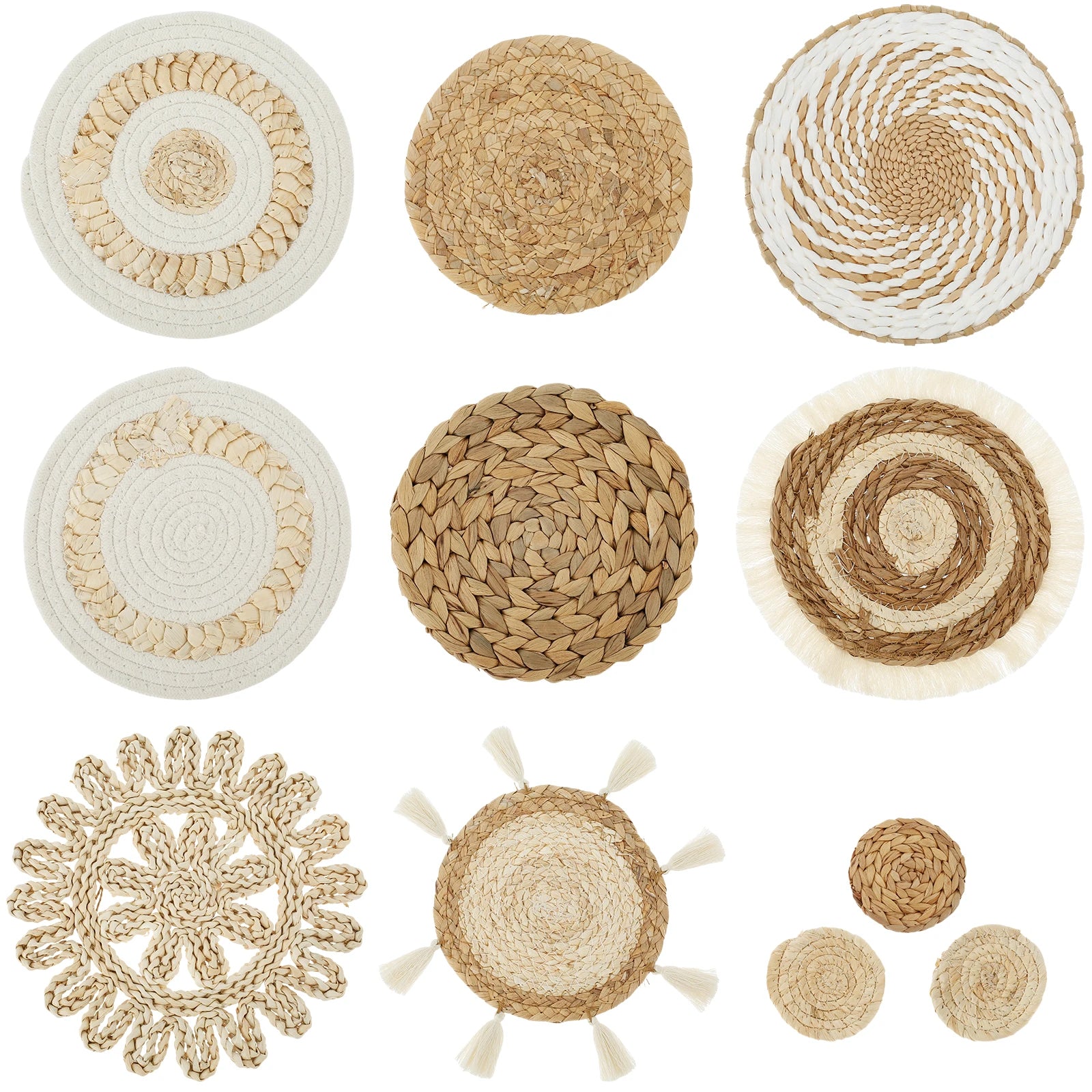 Woven wall basket decor set featuring various circular designs in natural tones for home decoration