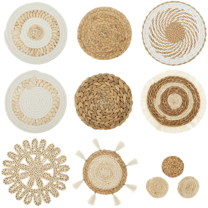 Woven wall basket decor set featuring various circular designs in natural tones for home decoration