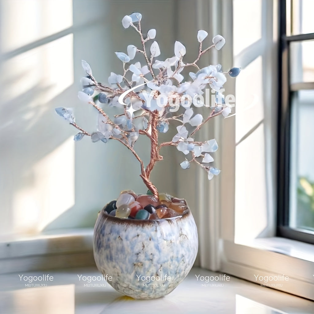 Elegant Pink Quartz Aquamarine Amethyst Citrine Crystal Tree in a decorative pot for home decor