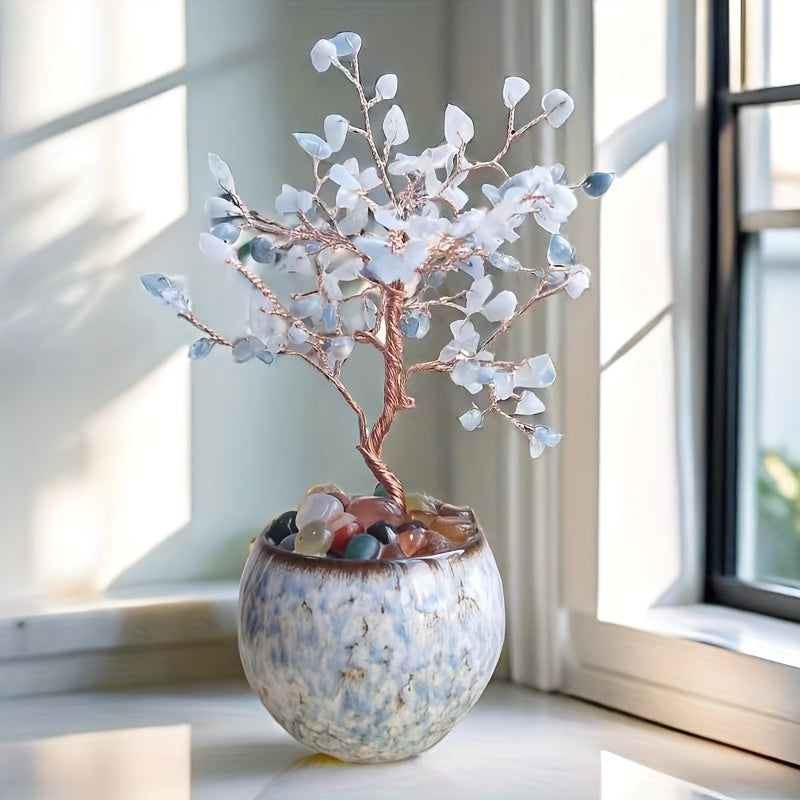 Pink Quartz Aquamarine Amethyst Citrine Crystal Tree in Decorative Pot with Colorful Gemstones