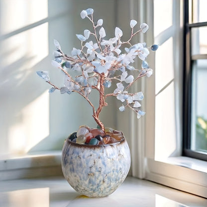 Pink Quartz Aquamarine Amethyst Citrine Crystal Tree in Decorative Pot with Colorful Gemstones