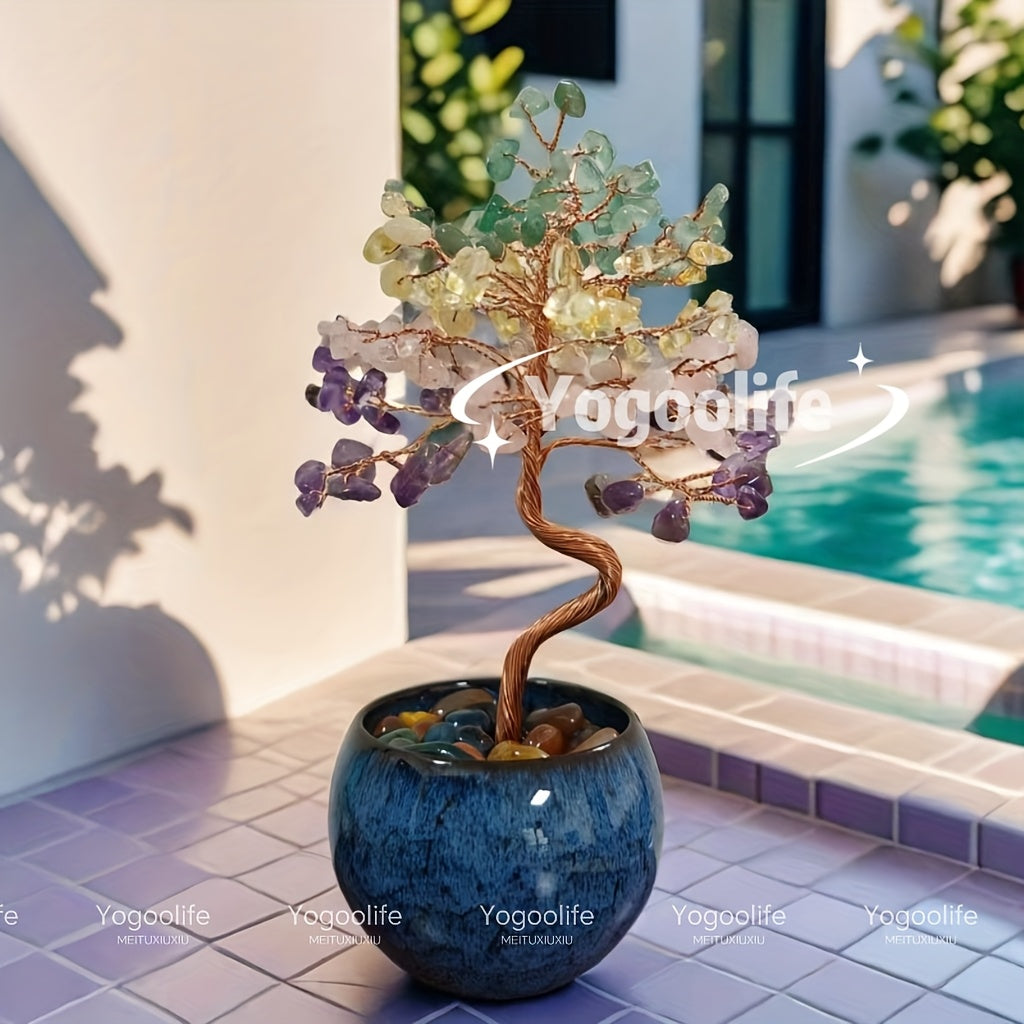 Pink Quartz Aquamarine Amethyst Citrine Crystal Tree in a decorative pot by a poolside setting