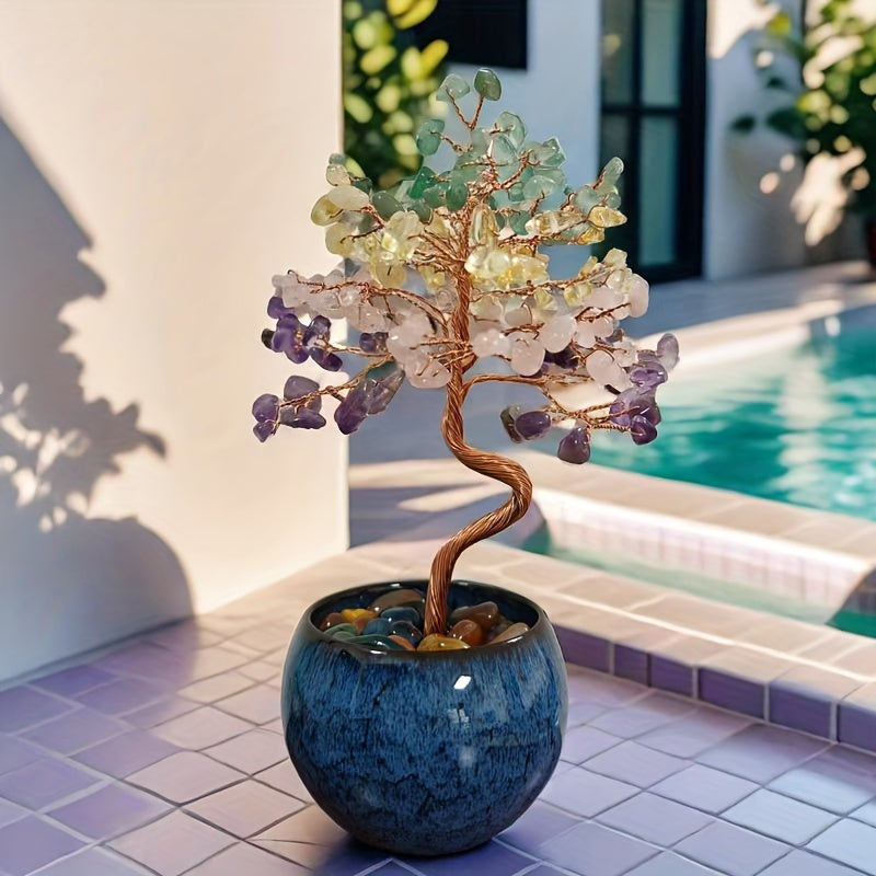 Decorative Pink Quartz Aquamarine Amethyst Citrine Crystal Tree in a stylish pot with colorful stones