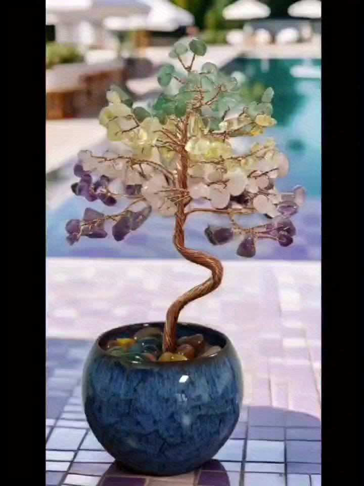 Pink Quartz Aquamarine Amethyst Citrine Crystal Tree in a blue pot with colorful stones
