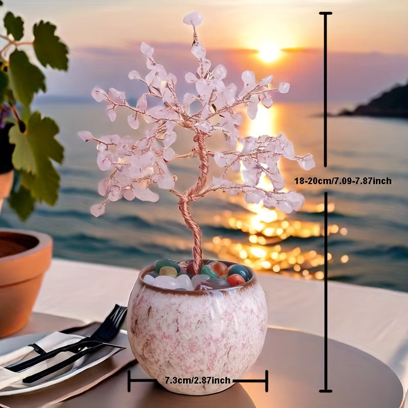 Pink Quartz Aquamarine Amethyst Citrine Crystal Tree in decorative pot with colorful stones