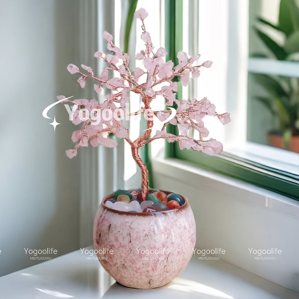 Pink Quartz Aquamarine Amethyst Citrine Crystal Tree in decorative pot with colorful gemstones
