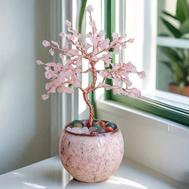Pink Quartz Aquamarine Amethyst Citrine Crystal Tree in a decorative pot for home decor