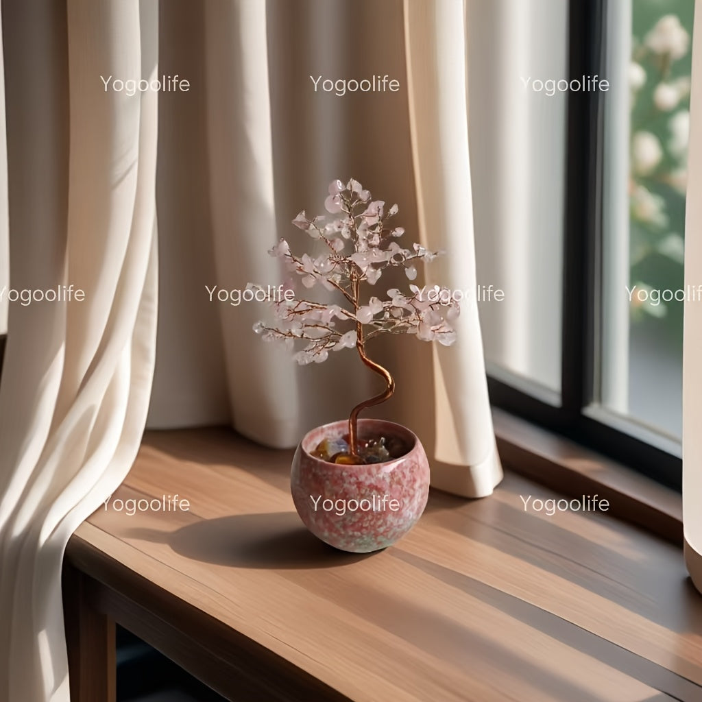 Pink Quartz Aquamarine Amethyst Citrine Crystal Tree in decorative pot on wooden table by the window