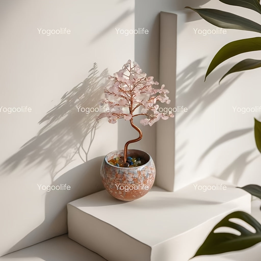 Handmade Pink Quartz Aquamarine Amethyst Citrine Crystal Tree in Decorative Pot for Home Decor