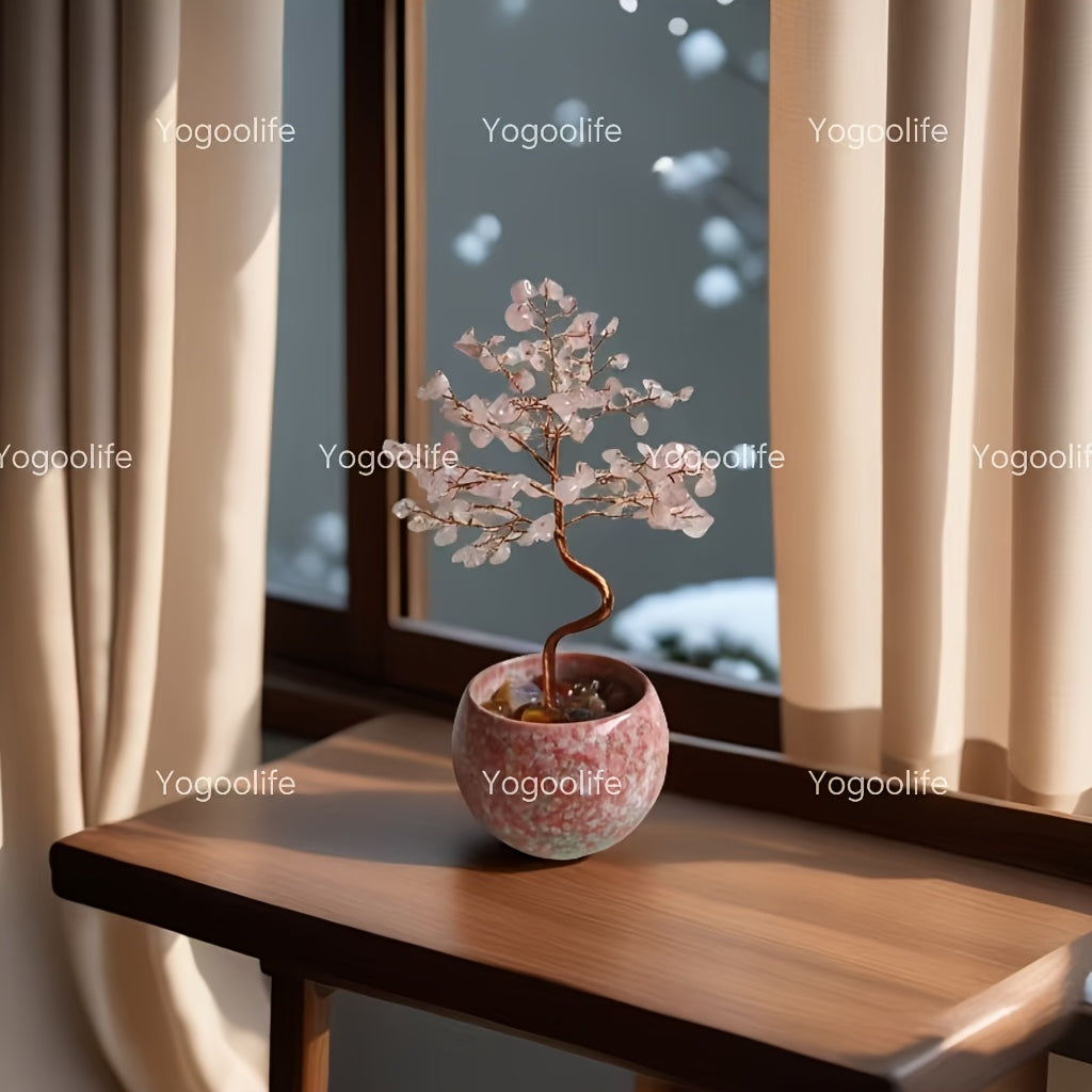 Pink Quartz Aquamarine Amethyst Citrine Crystal Tree in a decorative pot by a sunny window