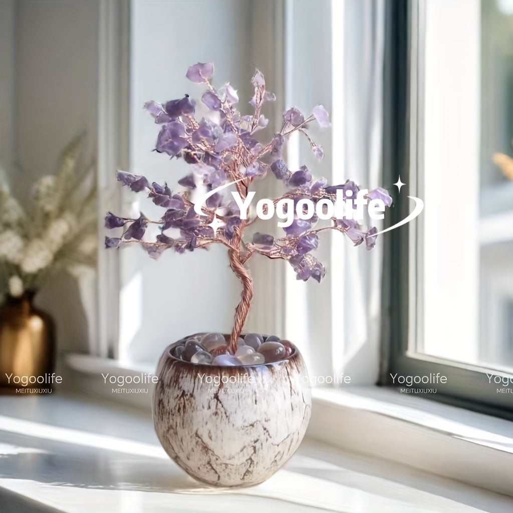 Pink Quartz Aquamarine Amethyst Citrine Crystal Tree in decorative pot with natural stone base