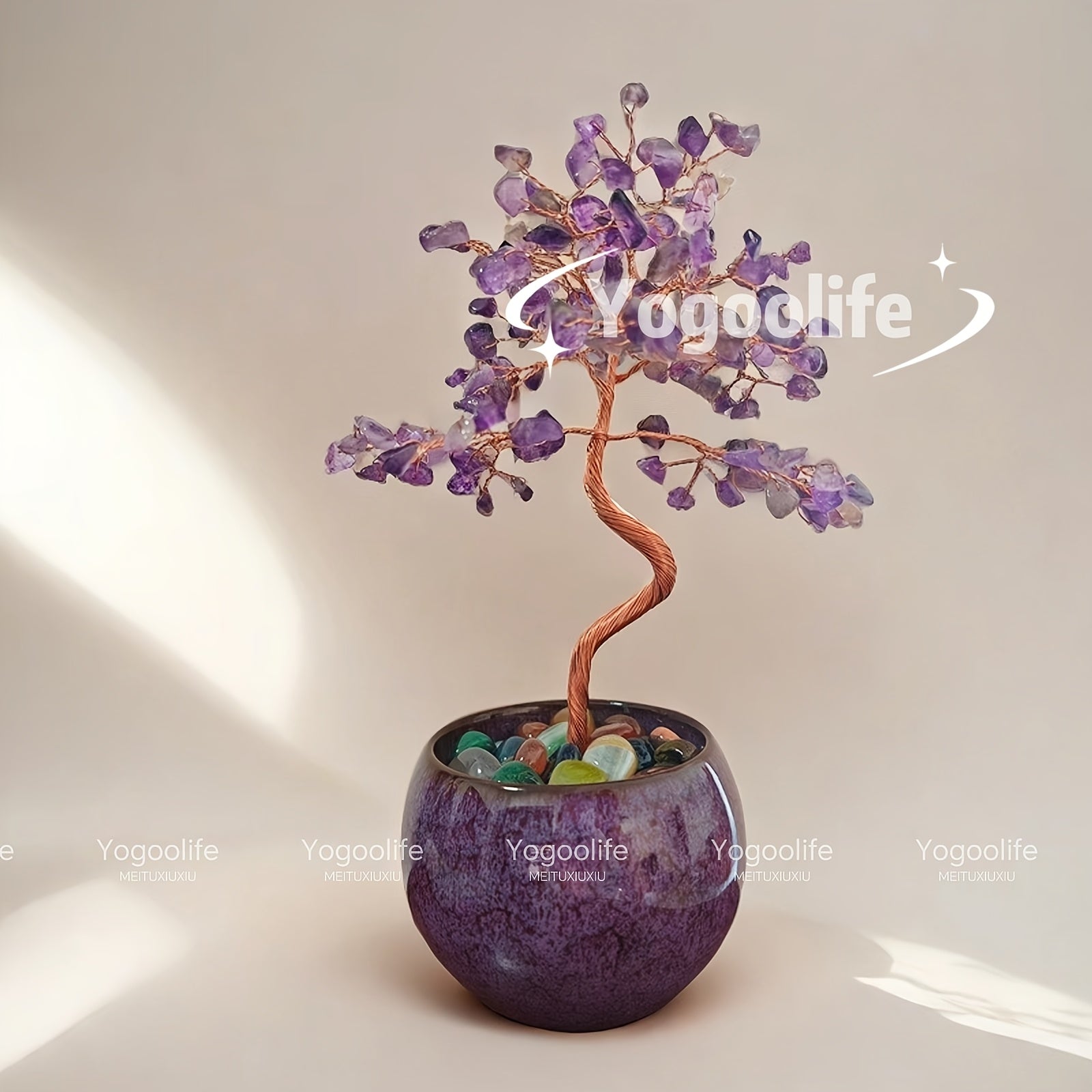 Decorative Pink Quartz Aquamarine Amethyst Citrine Crystal Tree in a ceramic pot with colorful beads