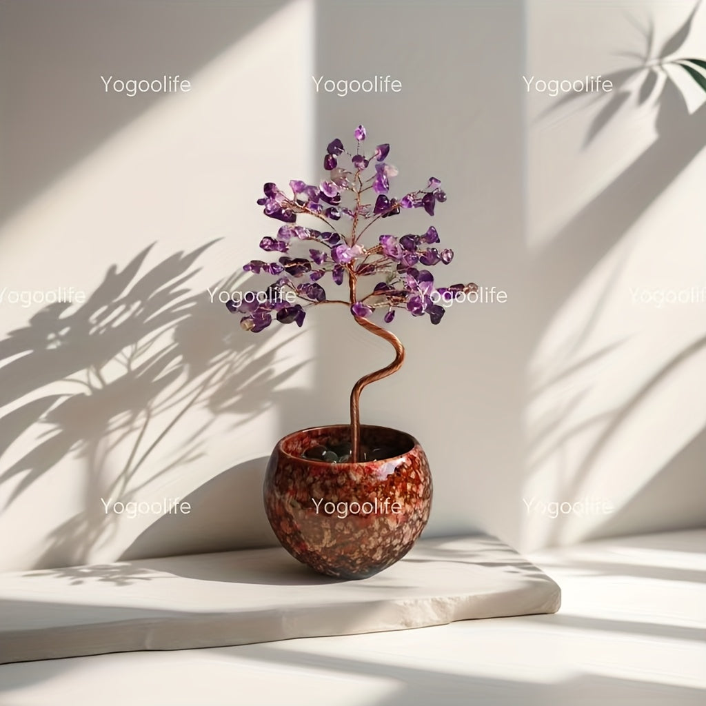 Pink Quartz Aquamarine Amethyst Citrine Crystal Tree in a decorative pot, adorned with vibrant crystals