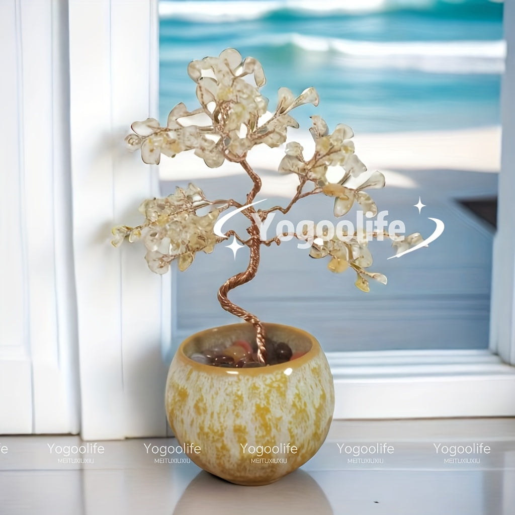 Pink Quartz Aquamarine Amethyst Citrine Crystal Tree in a decorative pot for home or office decor
