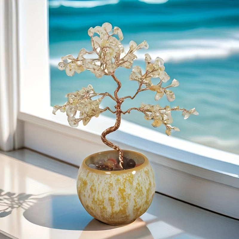 Pink Quartz Aquamarine Amethyst Citrine Crystal Tree in decorative pot, ideal for home decor and positive energy
