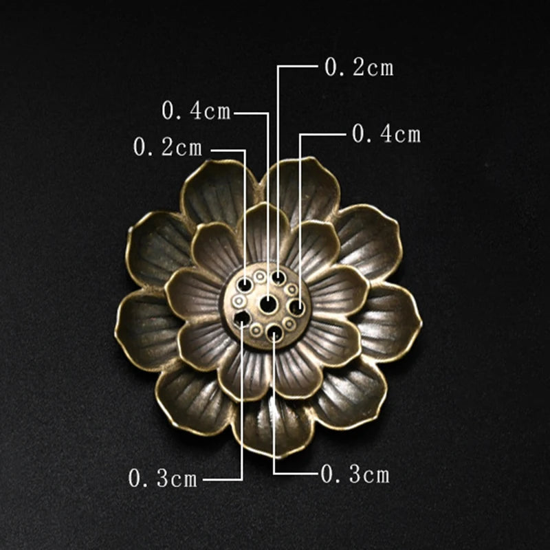 Nutshell Zen lotus incense burner metal holder shaped like a detailed lotus flower with size markings