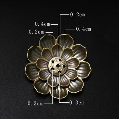 Nutshell Zen lotus incense burner metal holder shaped like a detailed lotus flower with size markings