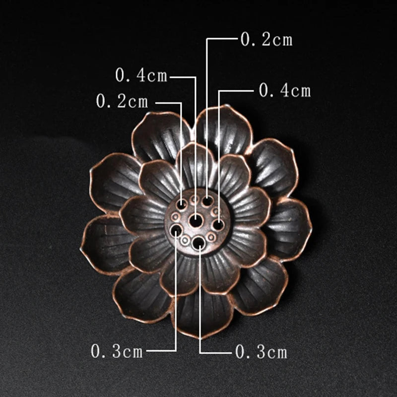 Nutshell Zen lotus incense burner metal holder with detailed petal design and hole measurements