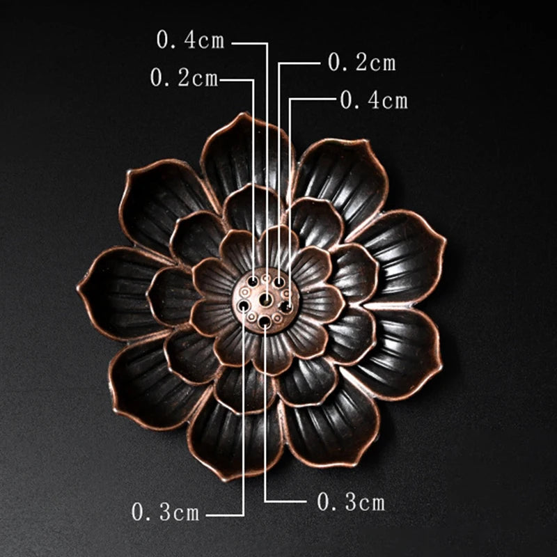 Nutshell Zen lotus incense burner black metal flower-shaped incense holder with detailed petal measurements