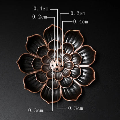 Nutshell Zen lotus incense burner black metal flower-shaped incense holder with detailed petal measurements