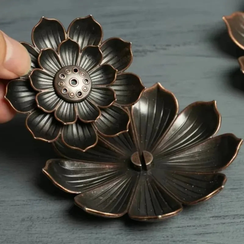Nutshell Zen lotus incense burner metal flower-shaped incense holder with detailed petals and removable lid