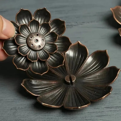 Nutshell Zen lotus incense burner metal flower-shaped incense holder with detailed petals and removable lid
