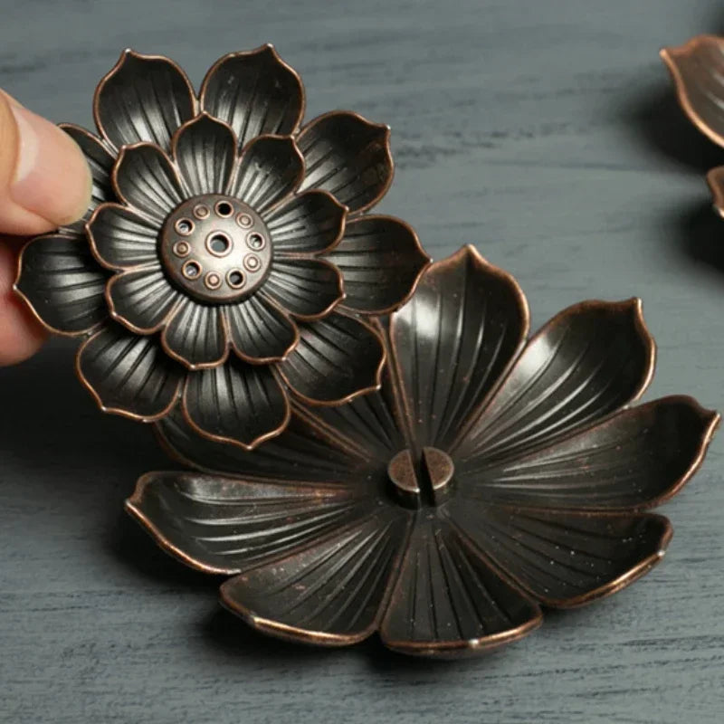 Nutshell Zen lotus incense burner metal holder with detailed flower design and removable top