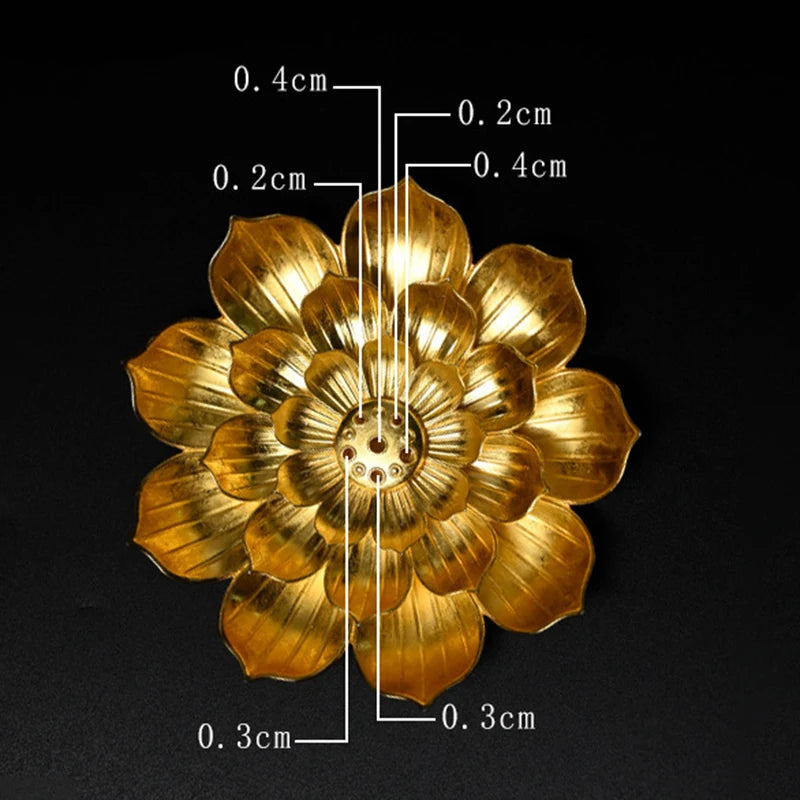 Gold metal Zen lotus incense burner incense holder with detailed petal measurements on black background