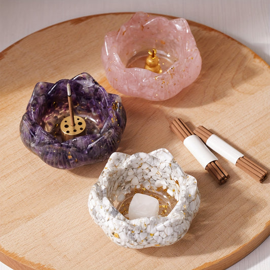 Zen lotus incense burner set with decorative holders in purple, pink, and white on a wooden tray