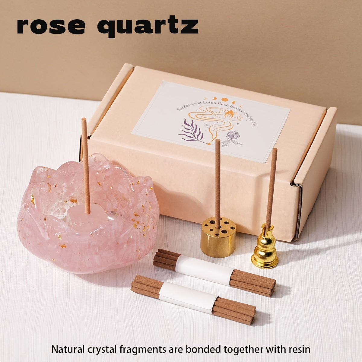 Zen lotus incense burner set with rose quartz holder and incense sticks for a calming atmosphere
