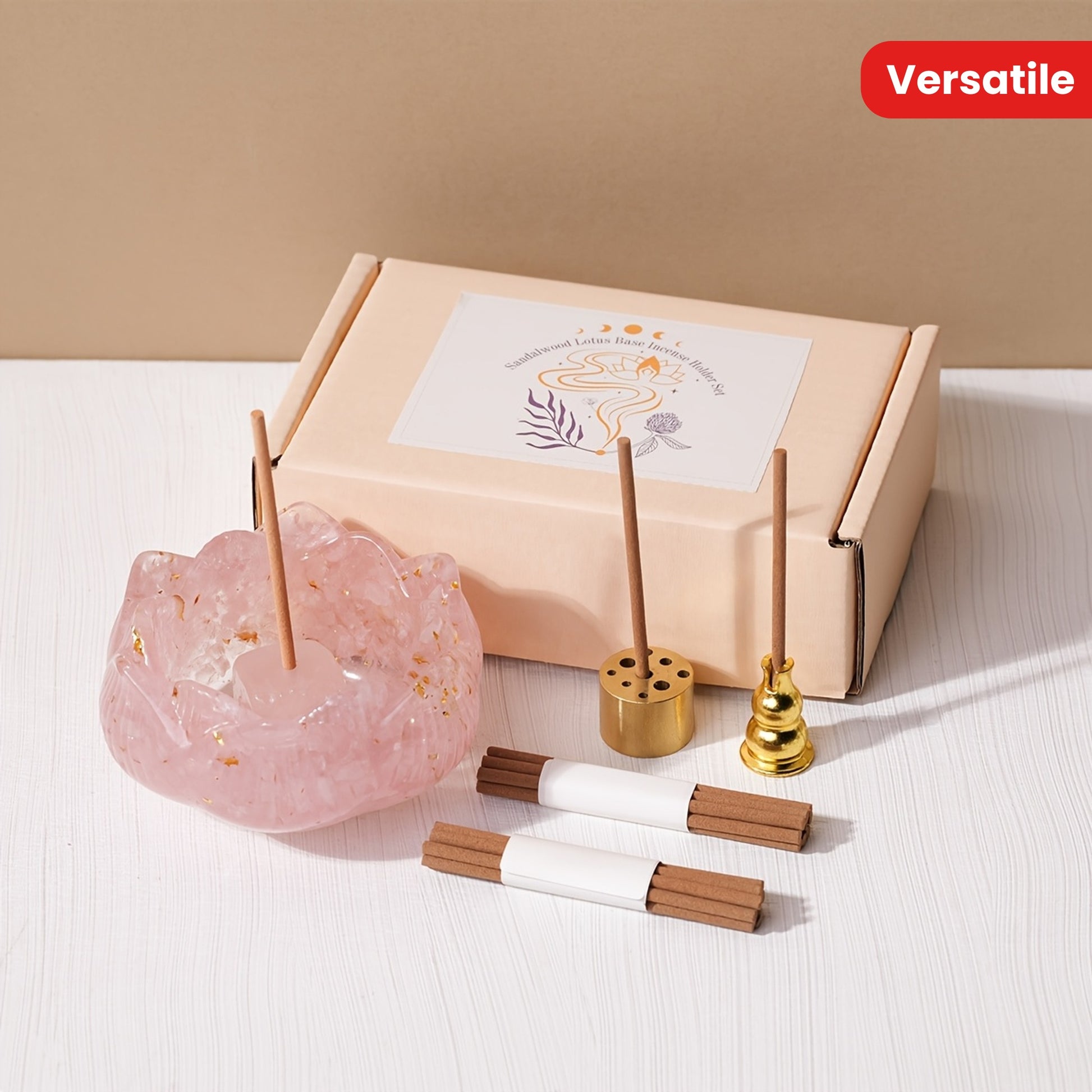 Zen lotus incense burner set with a pink lotus holder and gold accessories for a calming ambiance