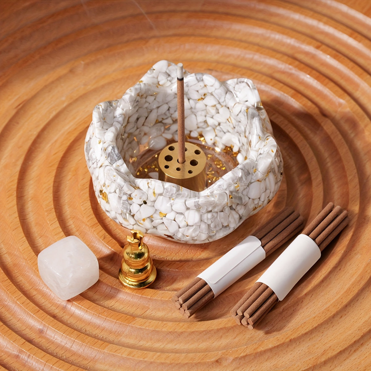 Zen lotus incense burner set with a decorative holder, incense sticks, and a crystal for meditation