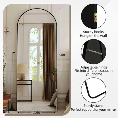 Nutshell arched full length floor mirror black metal frame 64 in by 22 in with stand and wall hooks